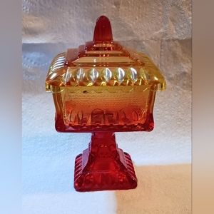 Vintage Jeannette Amberina Glass Square Pedestal Candy Dish-Wedding Cake Box